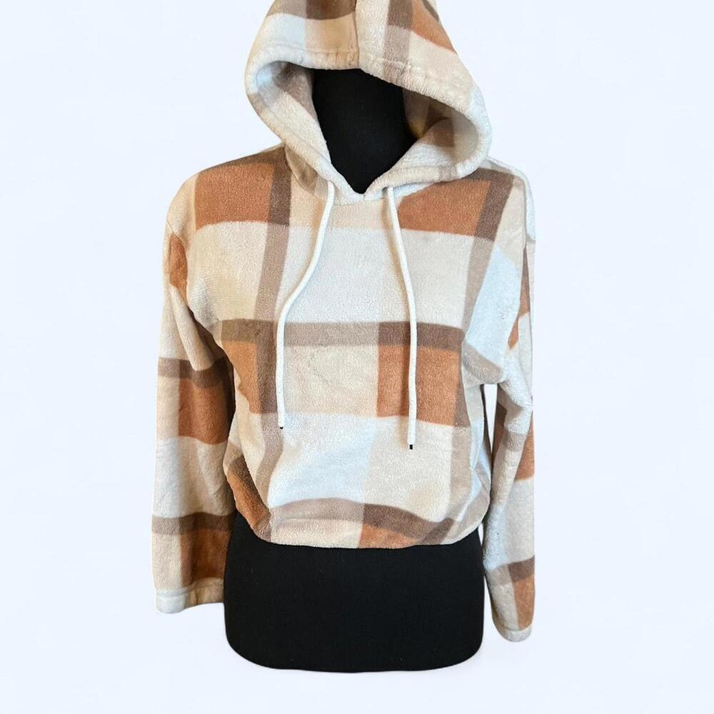 Soft warm cream and brown plaid cropped hoodie Size Small